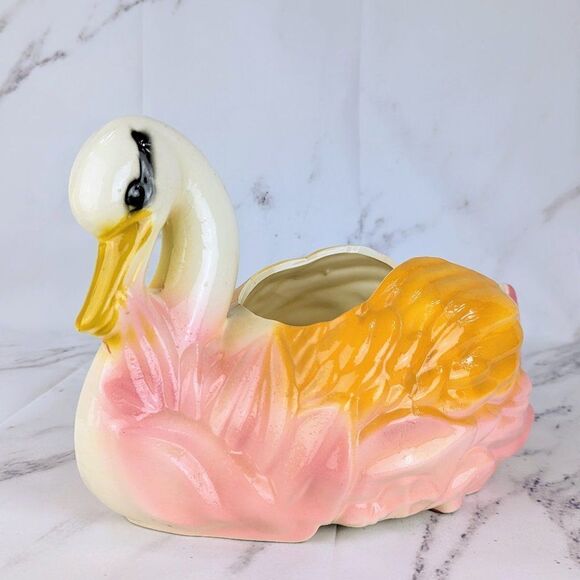 Vintage Swan 12" Ceramic Pottery Planter Decor Pink & Orange Mid-Century Painted - Picture 1 of 7